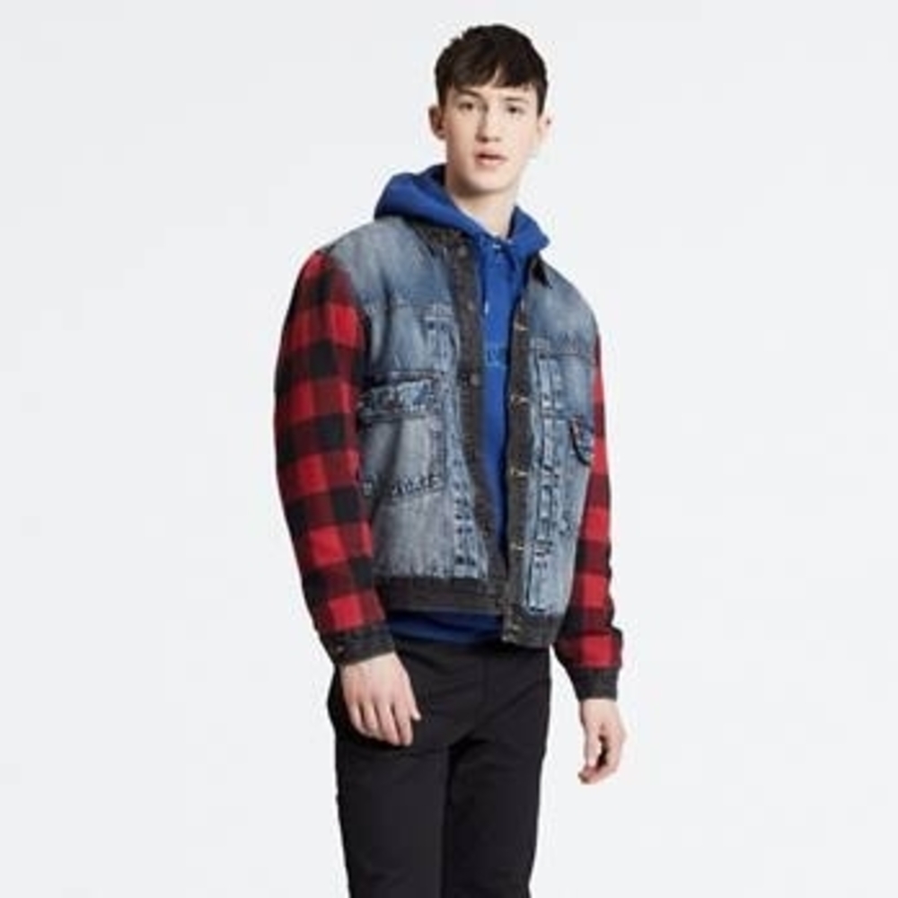 Levi's Rare Trucker Red and Black Flannel And  Denim Jacket